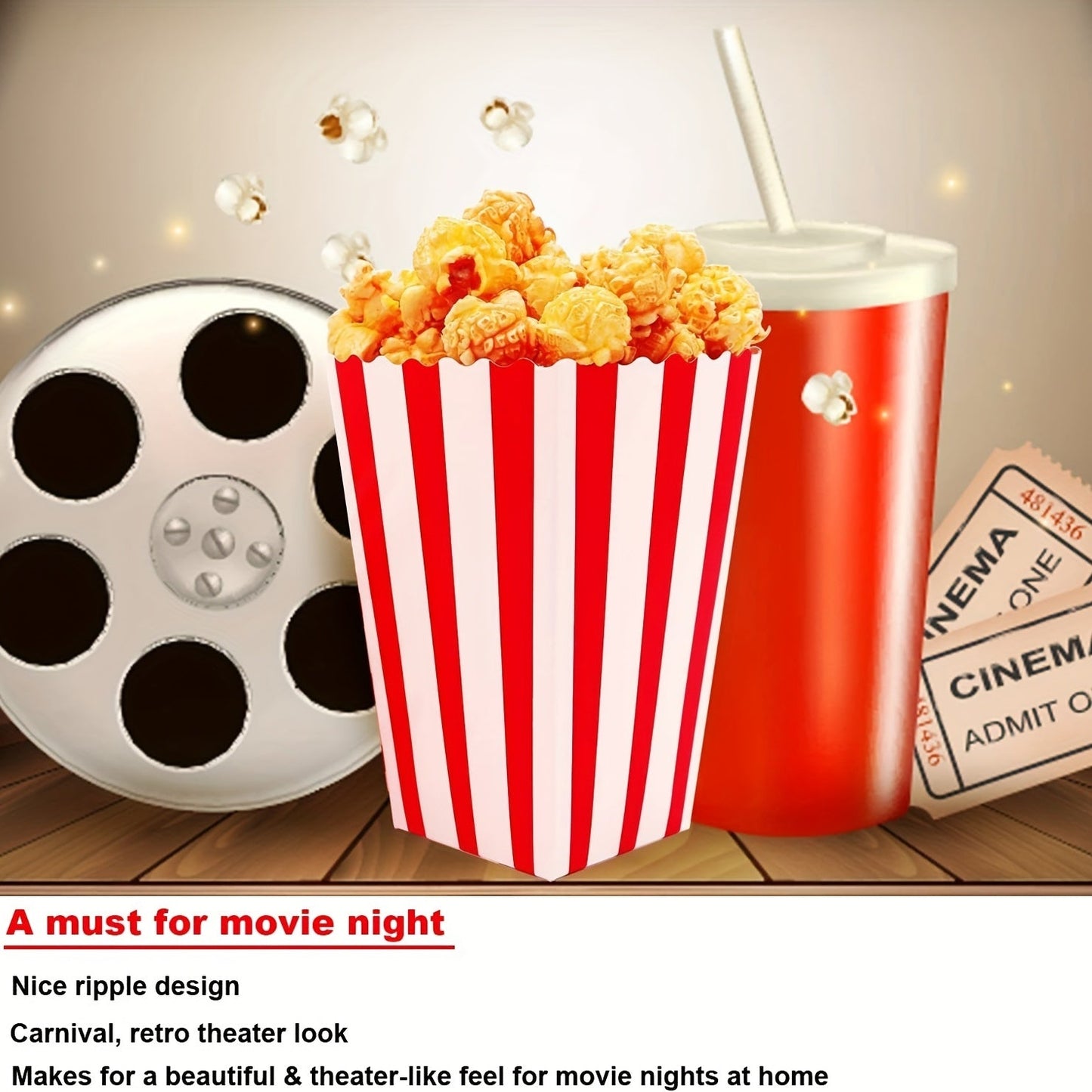 100 Disposable Red and White Popcorn Boxes - 2.27oz, Ideal for Movie Theaters, Home Use, or Carnival Parties - 250gsm Quality