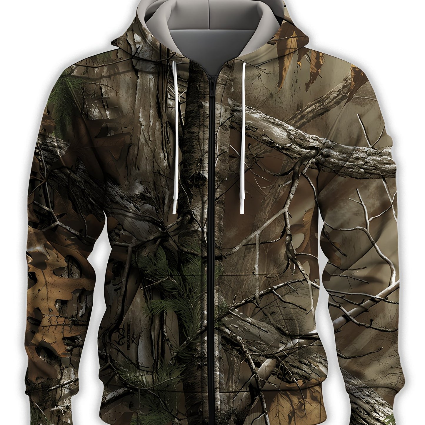 Men's hooded camo jacket in breathable polyester with full-body tree branch print. Features zipper pockets, long sleeves, and a casual outdoor style. Machine washable and available in plus