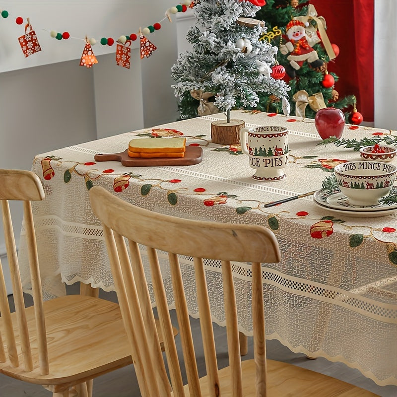 Red bell floral tablecloth, perfect for festive Christmas dining and kitchen decor. Made of square polyester and machine-woven.