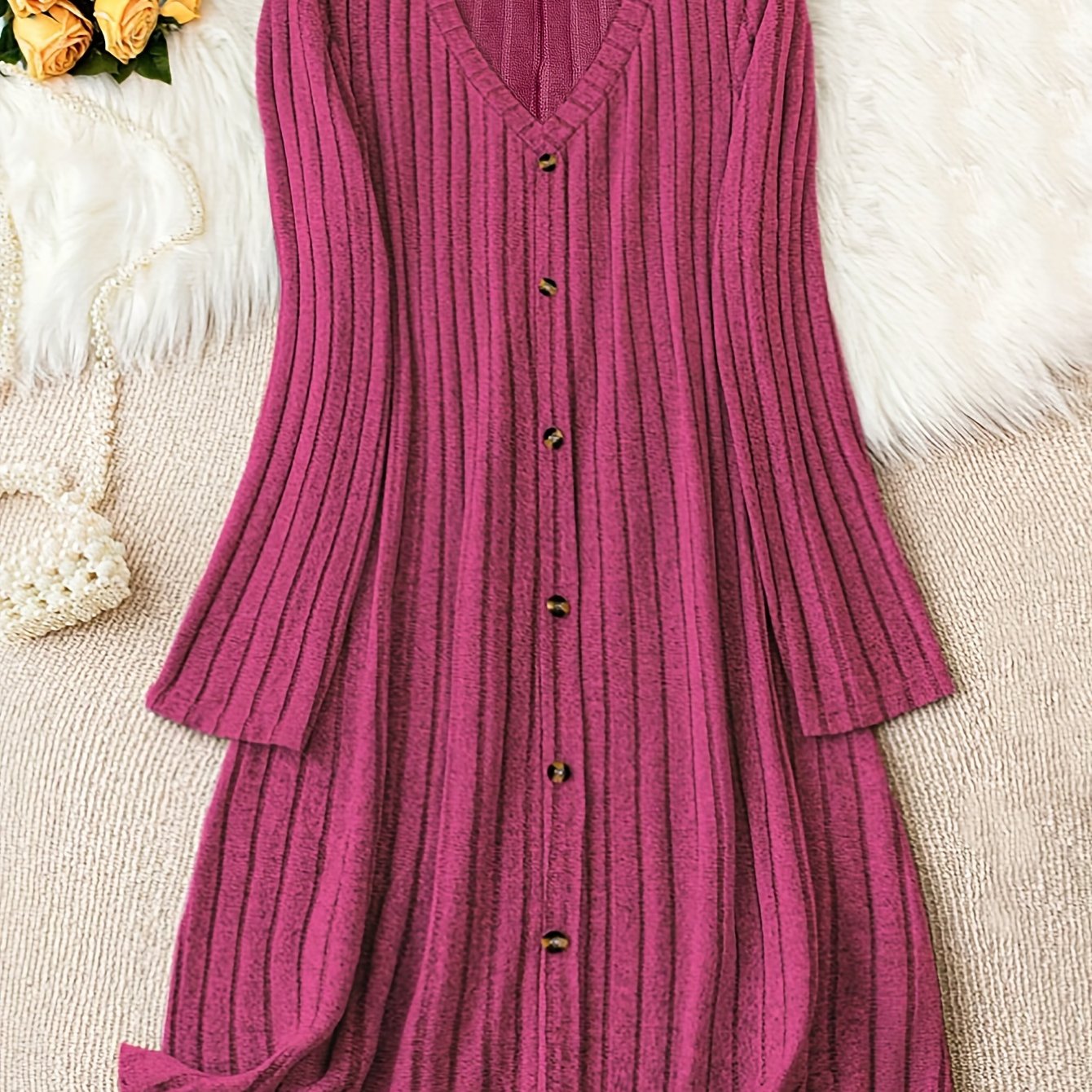 Plus size ribbed V-neck dress for fall & winter. Casual long sleeve with button front. Women's plus size clothing.