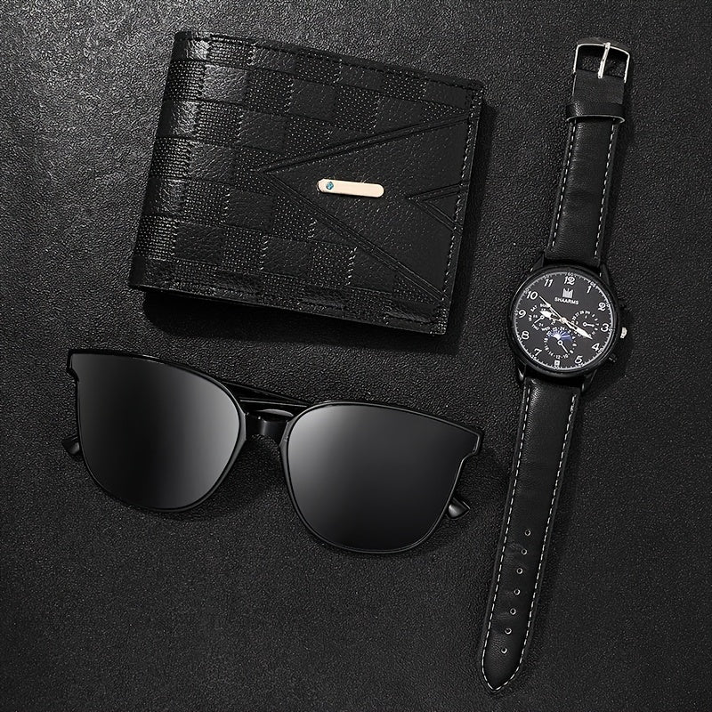 Top Pick: Men's 3-Piece Set featuring Business Sports Quartz Watch, Analog PU Leather Wrist Watch & Wallet & Glasses - Perfect Valentines Gift for Him