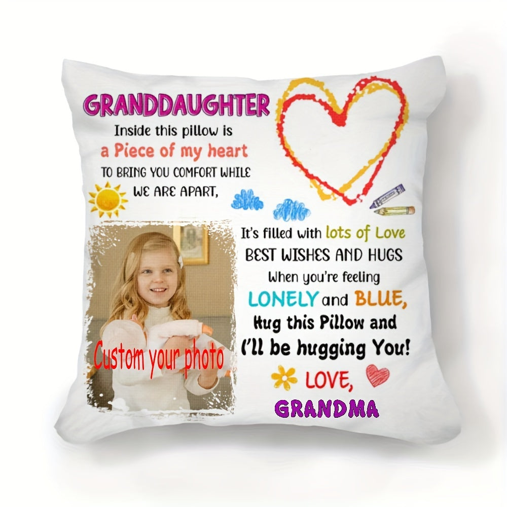 Customize your own photo pillow cover for your granddaughter with this special gift from grandma. Made of soft short plush material, this single-sided cover measures 45.72x45.72 cm. Please note that this listing does not include a pillow core.