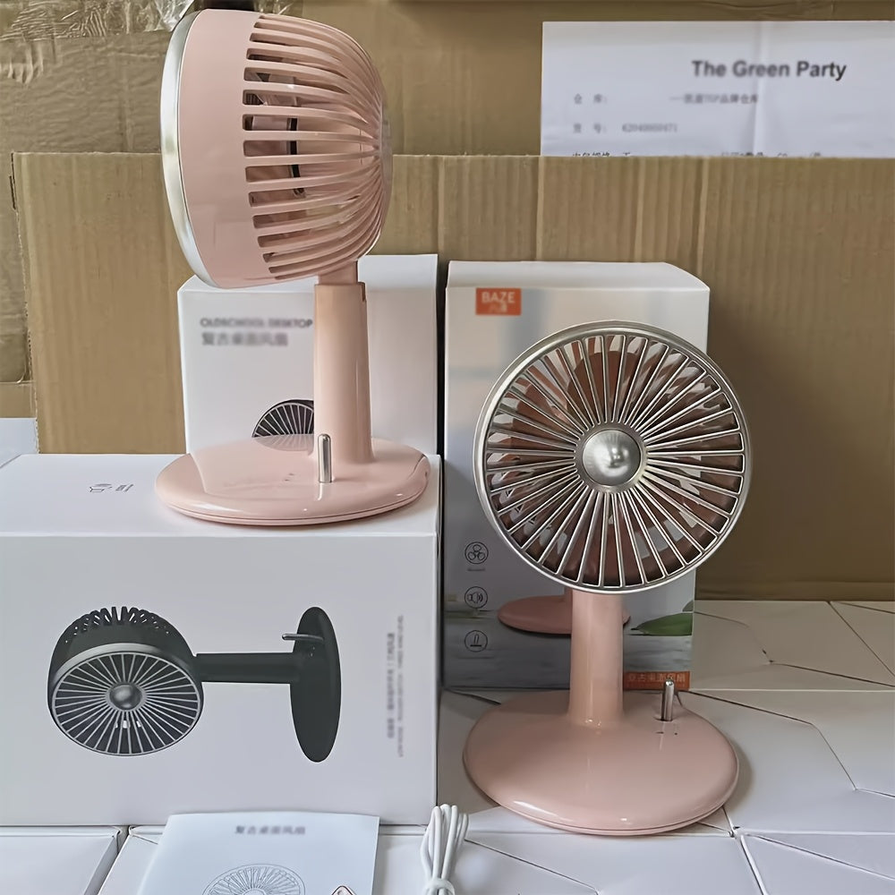 Get this essential Retro Pink USB Rechargeable Desktop Standing Fan, designed to be silent with three wind speed settings. This compact mini table fan is 90° adjustable and foldable, making it perfect for your home office.