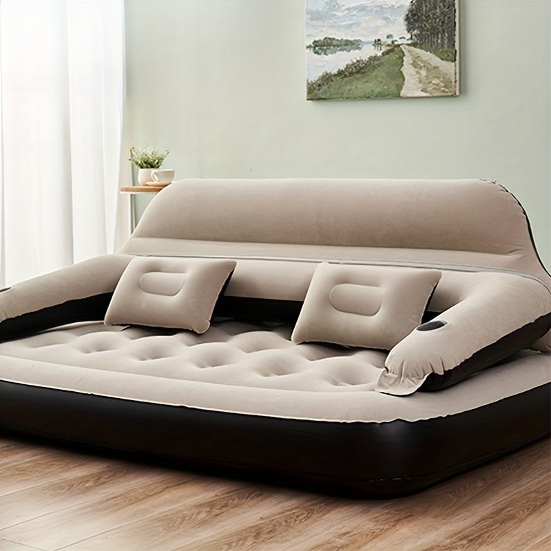 Self-Inflating two-person air mattress with pillows for camping, made of uncharged polyester fiber. No repair kit or stuff sack included.