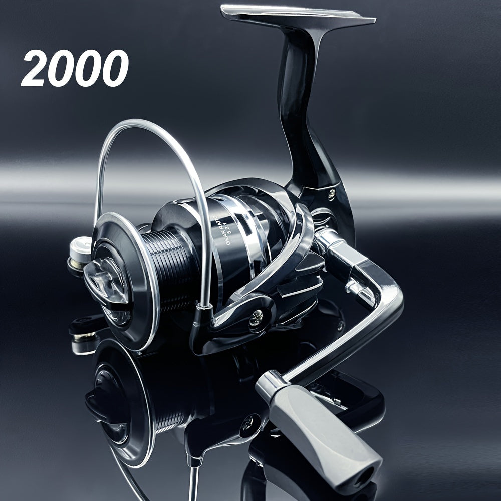 Spinning reel 1000-7000 series with smooth, sensitive performance for freshwater and saltwater fishing. Features include metal cup, folding rocker arm, and 5.2:1 gear ratio.