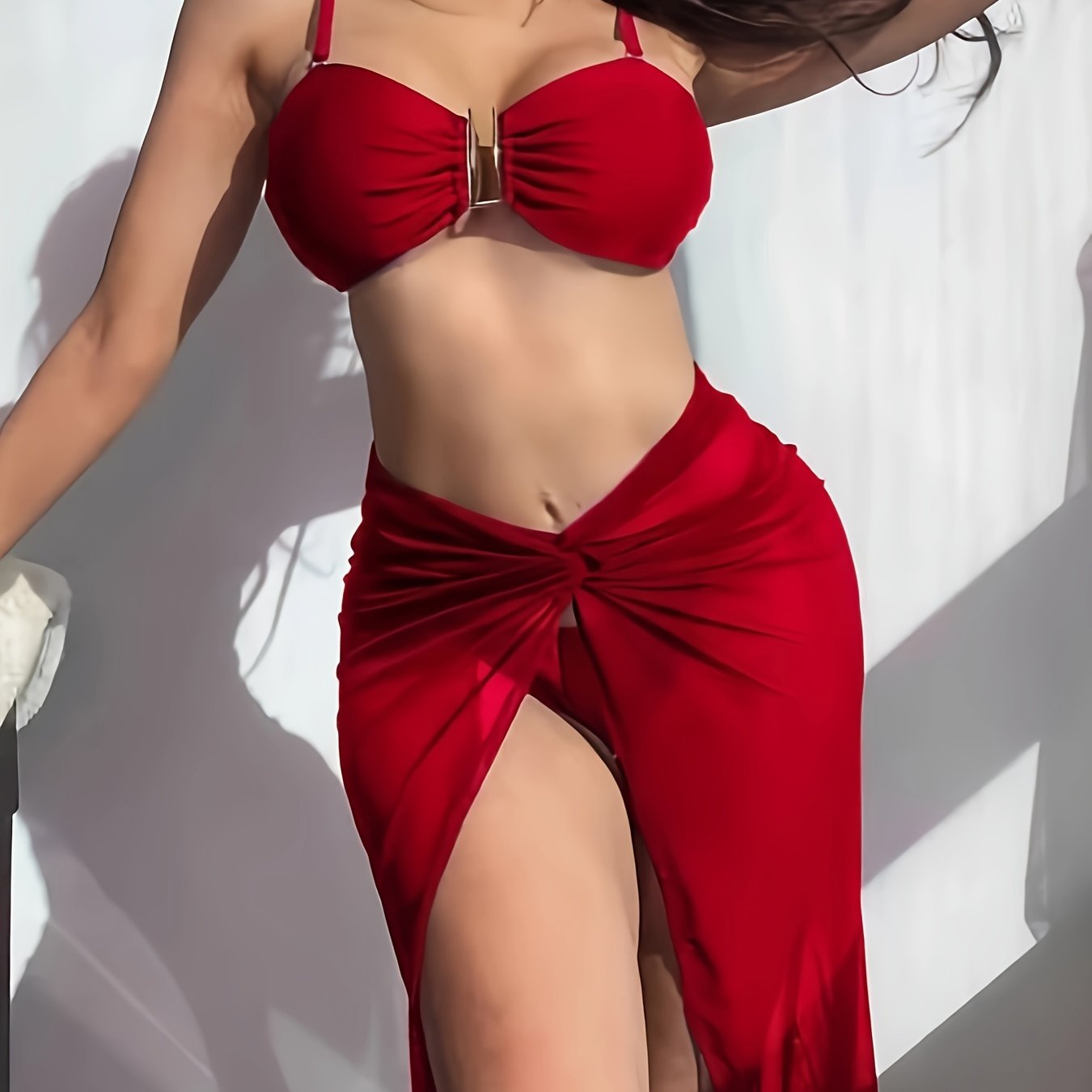 3 piece solid color bikini set with U-Wire high cut and cover up skirt. Women's swimwear and clothing.