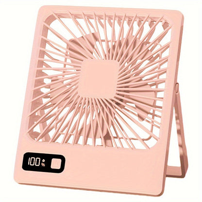 Portable desk fan with battery power, USB charging. 1800mAh tilt folding personal fan, with 180° ultra wide angle. Features 5-speed ultra-quiet operation with power display. Ideal for home, office, and travel use.