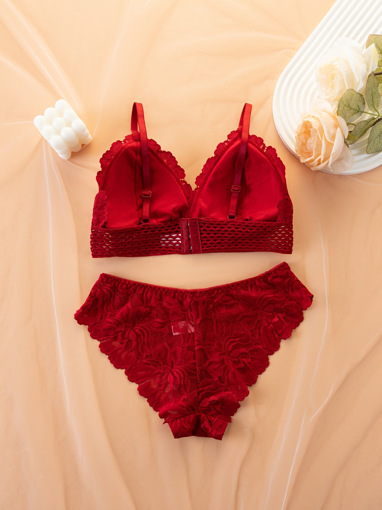 Elegant lace bra and panty set, comfortable wireless design with spaghetti straps and bow decorations. Women's lingerie and underwear set of 3 pieces.