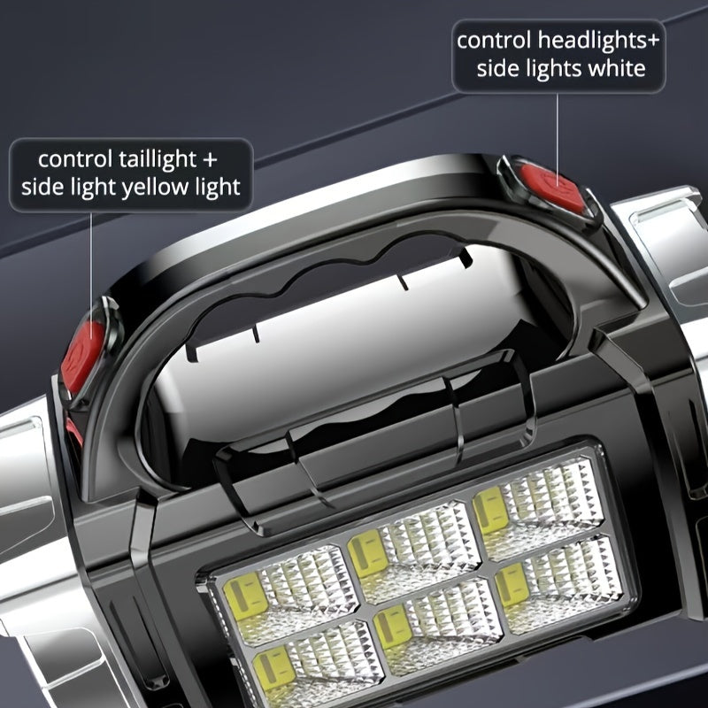 Portable, dual rechargeable, ultra-bright LED searchlight for outdoor adventures.