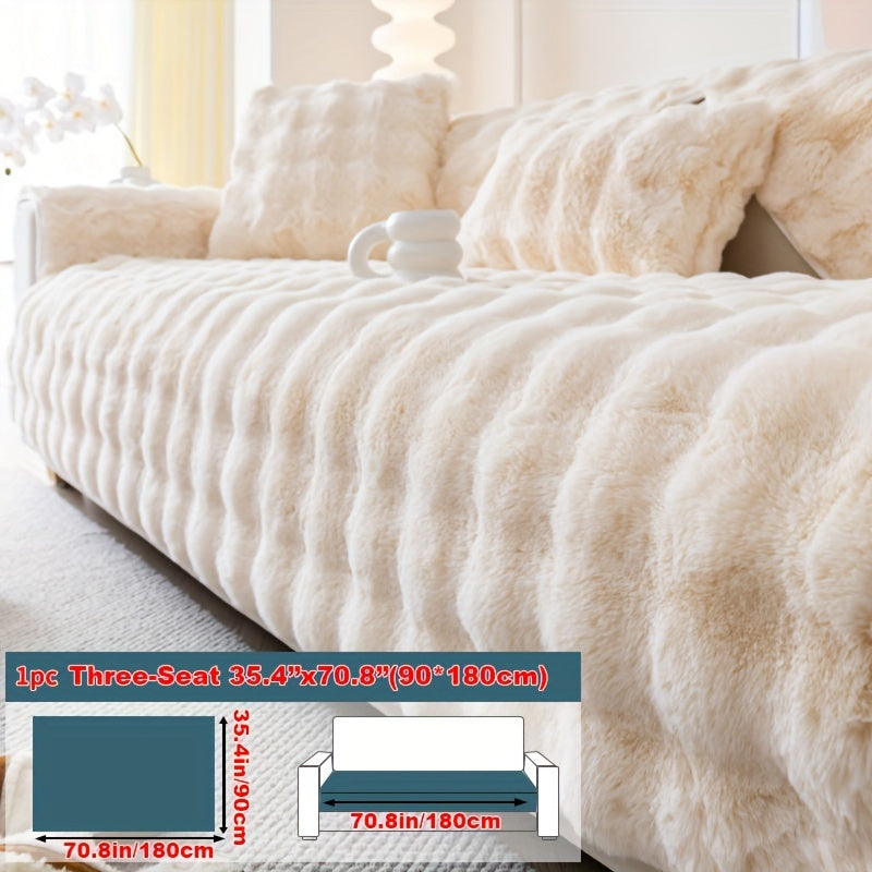 Winter plush faux fur sofa cover for pet-friendly non-slip protection, suitable for sofas up to 4 seats. Machine-washable polyester slipcover for home and office decor, making a cozy Christmas gift.