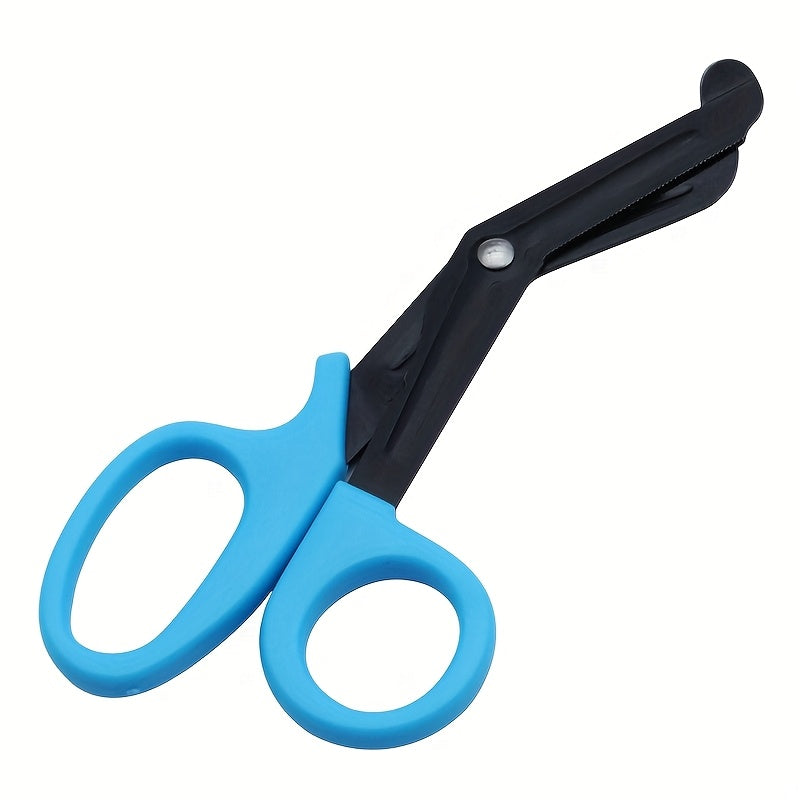 Stainless steel safety scissors with black coating, sharp for various outdoor uses, hand-friendly.