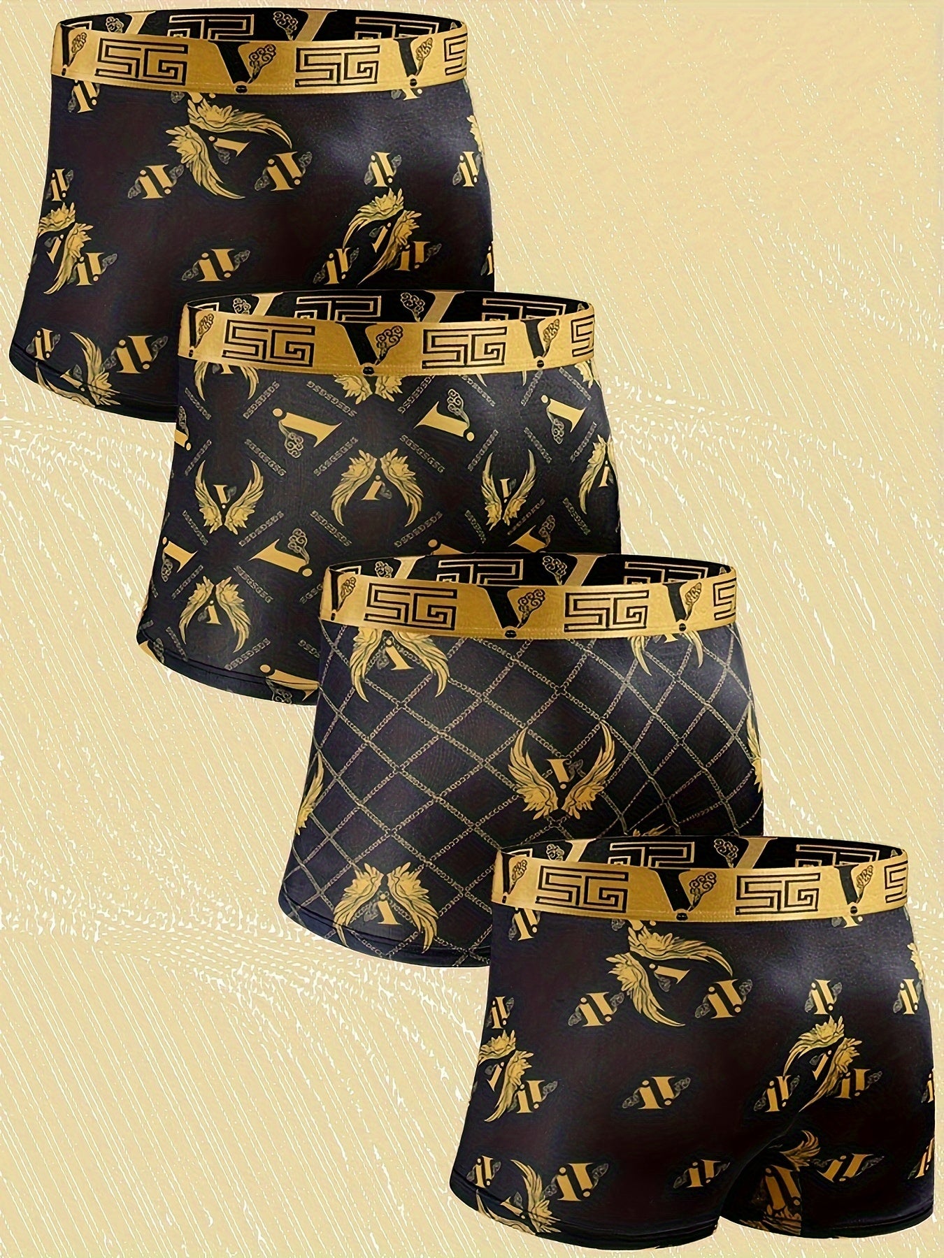 Various 1/5 Black and Golden Gift Boxes featuring Summer lightweight, comfortable, breathable quick-dry fabric with Black and Golden Leopard Rainbow Chain Designs on Men's Boxer Briefs.