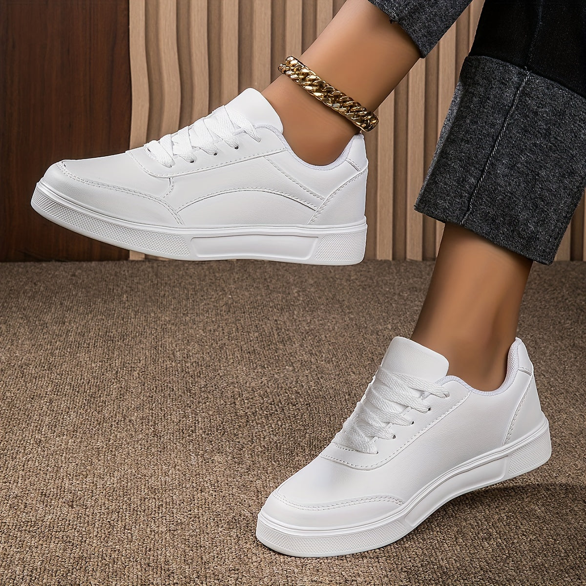 Women's Classic White Casual Sneakers - Lightweight, Comfortable, Lace-Up Skate Shoes with Round Toe and Low-Top Design