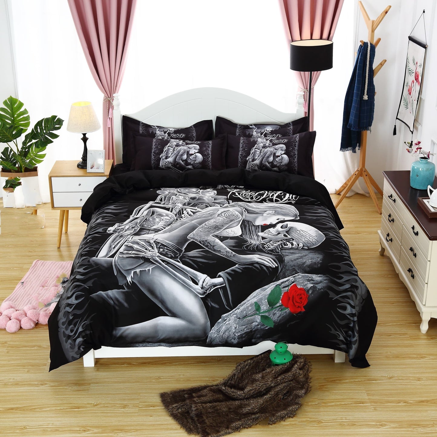 3-piece Skull Rose Print Duvet Cover Set, Comfortable and Soft Bedding Set for Bedroom or Guest Room. Includes 1 Duvet Cover and 2 Pillowcases (Core Not Included). Perfect for Halloween.