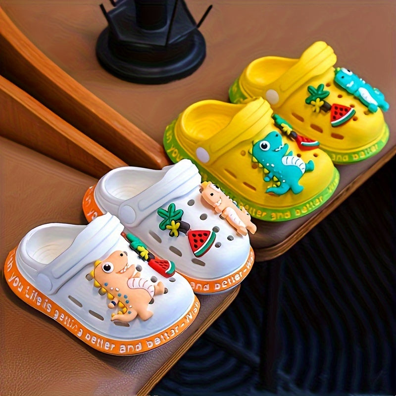 Cute cartoon dinosaur clogs for kids, perfect for indoor and outdoor use.