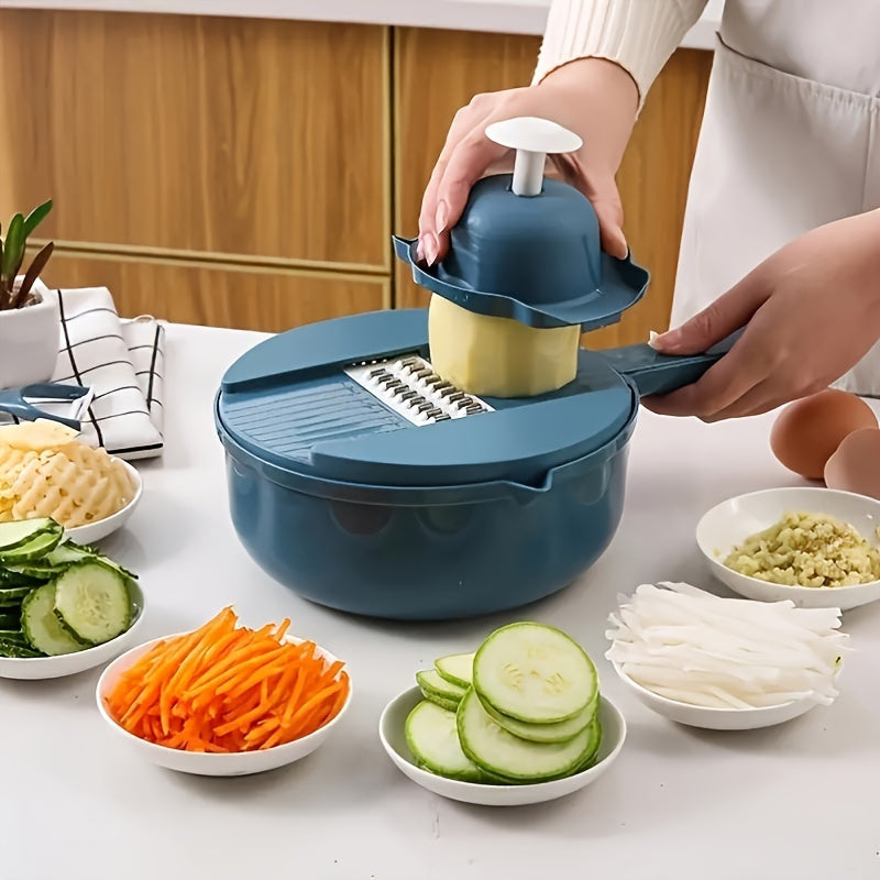 Semi-Automatic Kitchen Tool with Drain Basket Includes 9-Piece Multi-Function Mandoline Slicer Set Featuring Stainless Steel Blades, Plastic Hand Guard, Scraper, and Interchangeable Graters for Effortless Vegetable and Potato Slicing, Shredding, and