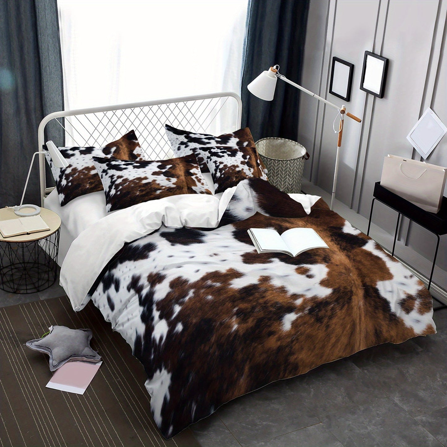 Yak leather bedding set in brown and black cow pattern, featuring washable ultra-fine microfiber duvet cover for a soft and comfortable sleep experience. Choose from 2 or 3 piece sets.