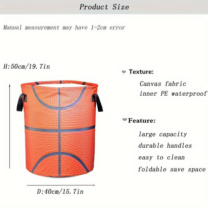 Foldable Laundry Hamper with Basketball-Inspired Design - Made of Waterproof Oxford Cloth in Orange with Black Accents, Featuring Dual Handles and a Round Shape for convenient Clothes and Toy Storage in Bathroom, Laundry Room, or Bedroom. Perfect for