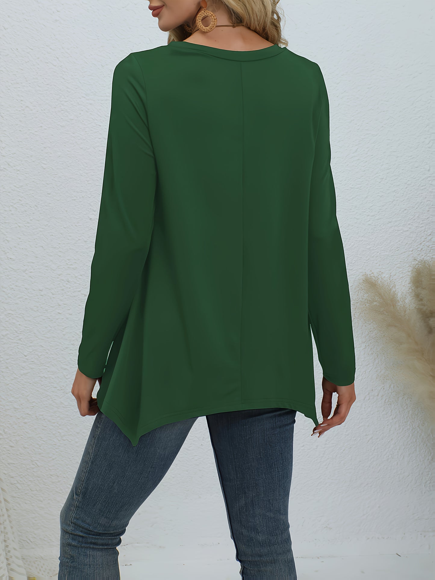 Comfortable lounge tops for women, including round neck long sleeve tunic with asymmetric hem.