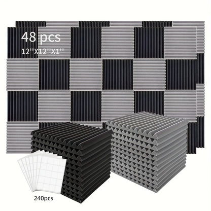 48pcs Acoustic Foam Panels, Fire Resistant Sound Proof Padding, 2.54cm×30.48cm×30.48cm, Ideal for Bedroom Studio Office, Black and Gray.