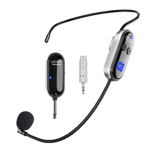 Wireless UHF Microphone Headset with LED display for voice amplification and events.