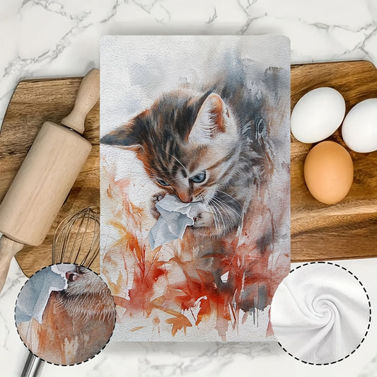 Two ultra soft kitchen towels featuring an adorable kitten with tissue design. These highly absorbent and machine washable dish hand towels are perfect for a contemporary coastal theme in your home decor. Each towel measures 40.64x60.96 cm.