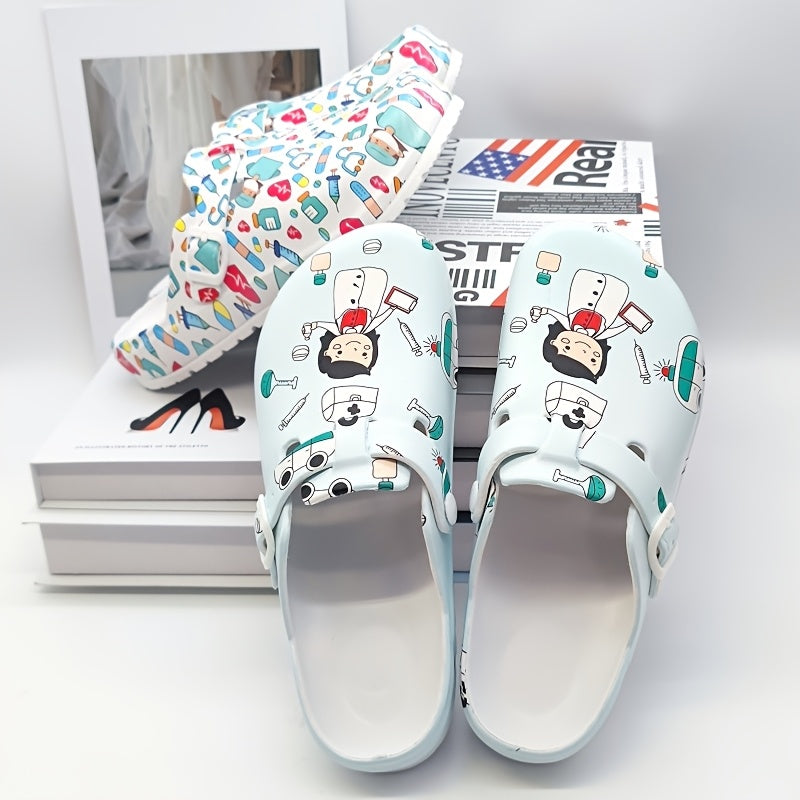 Cartoon nurse print slippers: quick-dry, comfortable indoor shoes for women.