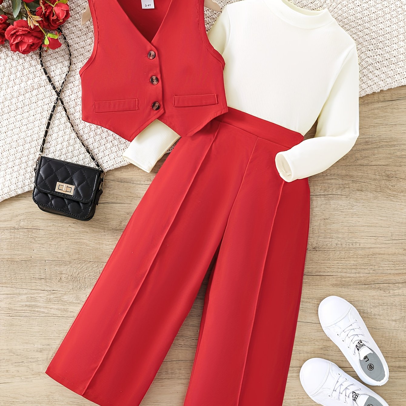 3-piece girls' casual outdoor outfit includes sleeveless vest, long sleeve top, and wide leg pants for spring and fall.