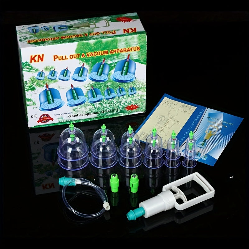 12-piece household cupping set for relaxation and health care with vacuum suction pump and ABS thick cups for acupuncture massage.