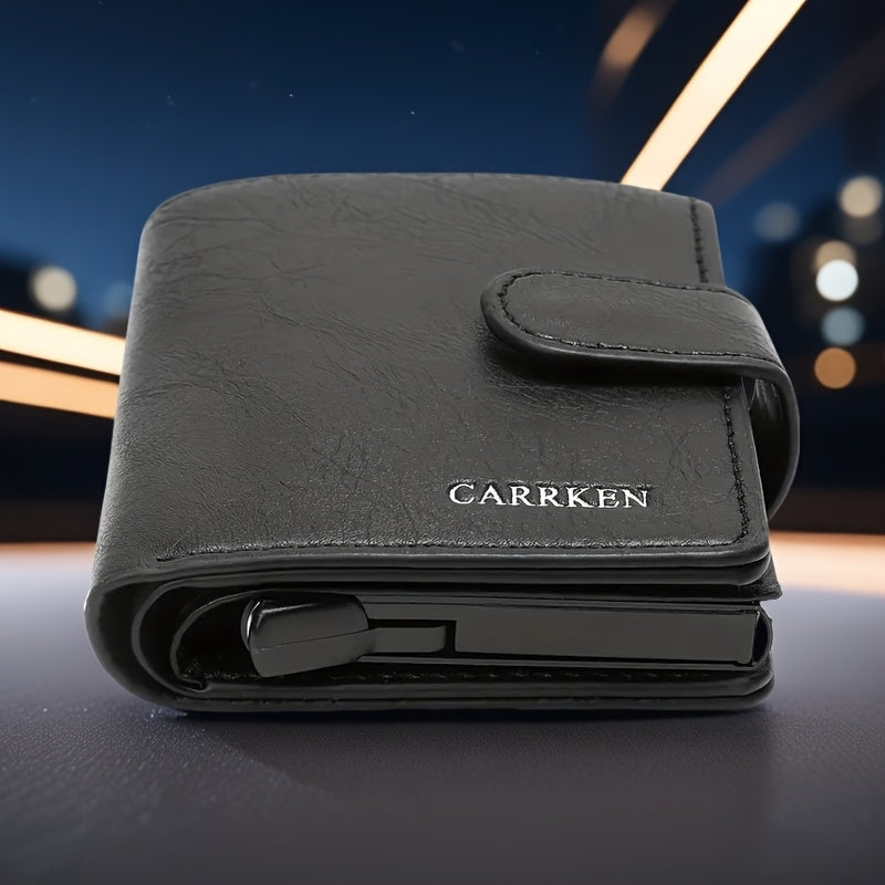 CARRKEN Men's Compact Wallet: Stylish faux leather bifold with automatic pop-up credit card holder, holds 9-10 cards, ideal gift for men.