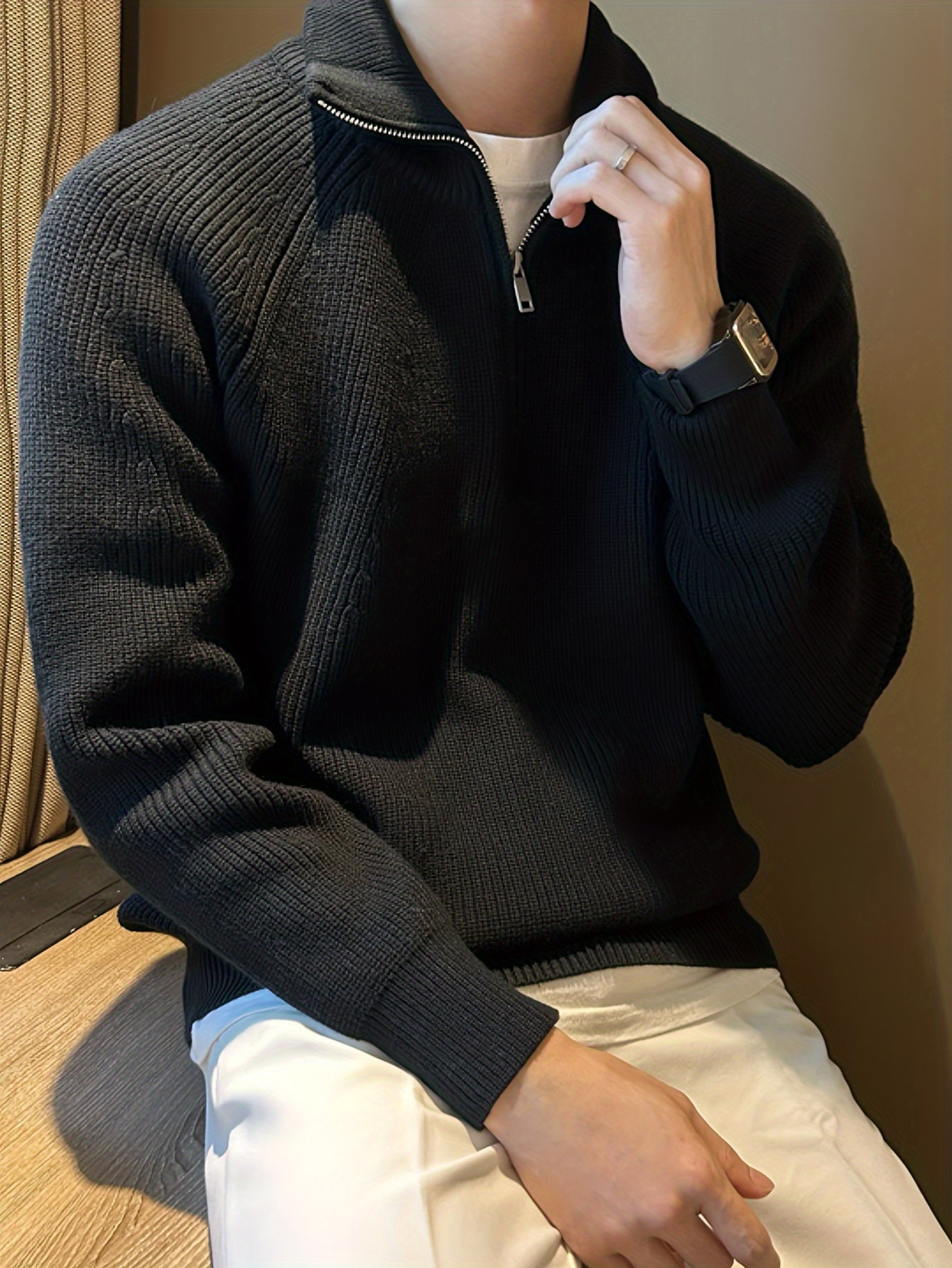 Men's knitted sweater with long sleeves, half zipper, and lapel for winter and fall.