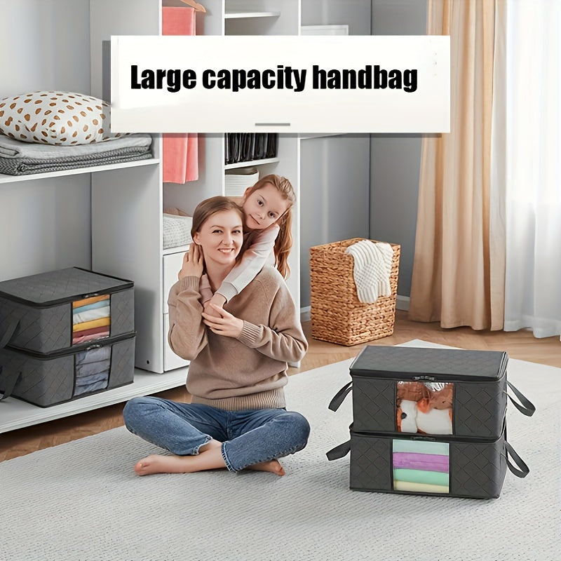 Set of 3 35L Black Fabric Storage Bags featuring Clear Viewing Windows - Quilted, Foldable Boxes for Organizing Clothes, Blankets & Bedding - Perfect for Under Bed, Wardrobe, and Dorm Use - Dimensions: 47.98x35.99x19.99cm - Convenient Clothes Organizer