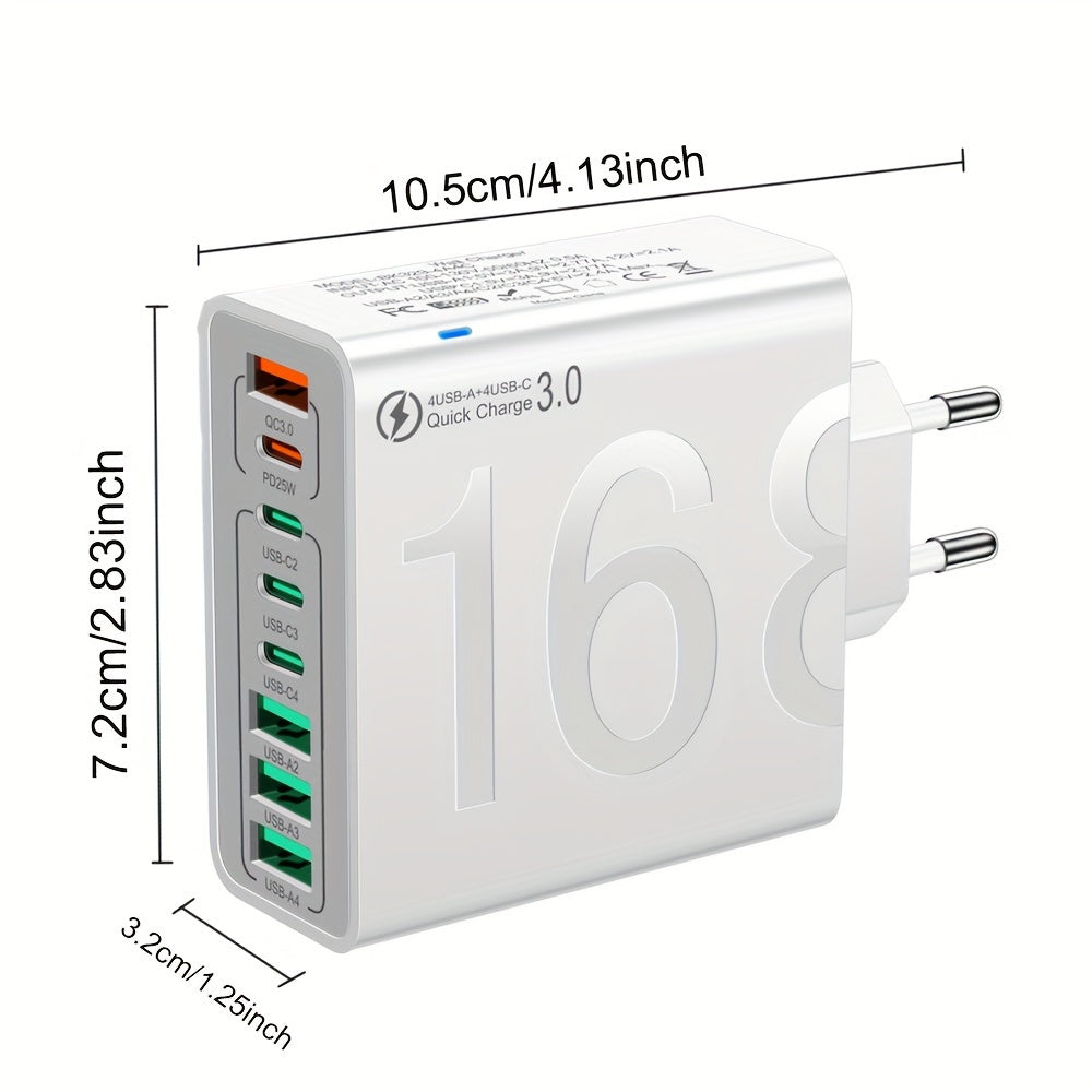 KAXOE 8in1 Fast Charging USB Phone Charger with 4 USB and 4 Type-C ports, QC 3.0 compatible for iPhone and Samsung.