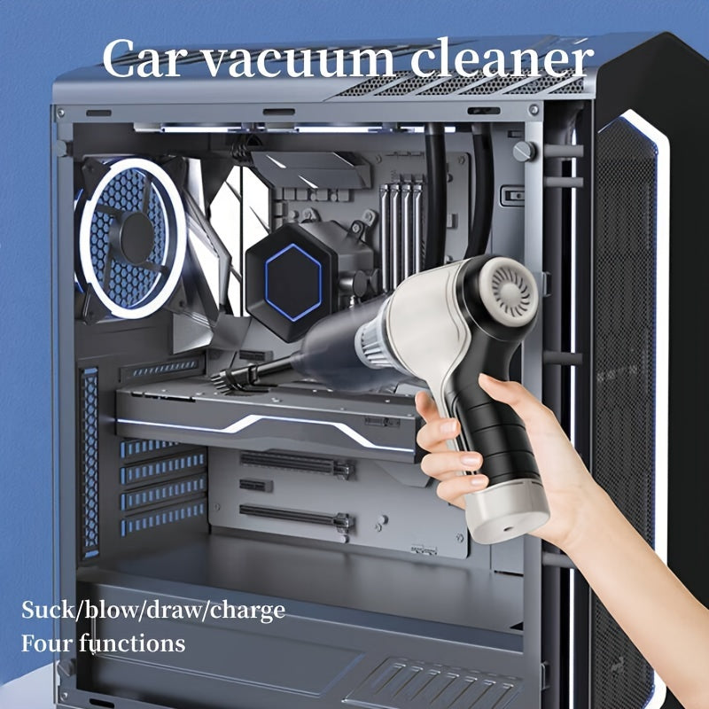 Multifunctional handheld vacuum cleaner can suck and blow dust, debris, pet hair, and is equipped with various accessories for different uses at home or in the car.