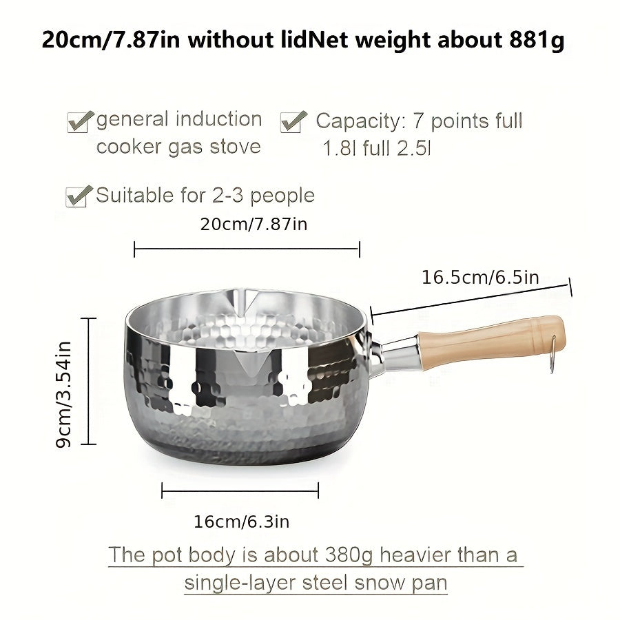 A small soup pot for home use without power supply made of 304 brushed finish stainless steel, featuring a wooden handle and induction compatibility