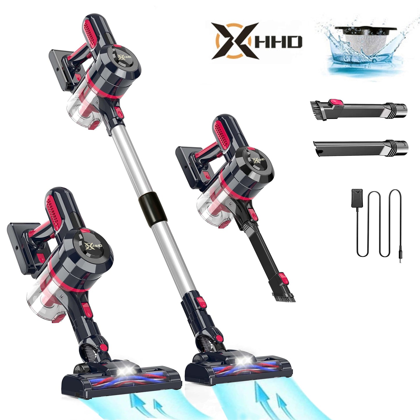 HHD Cordless Vacuum Cleaner with 250W motor, 25KPa suction power, ideal for home and car, includes accessories.