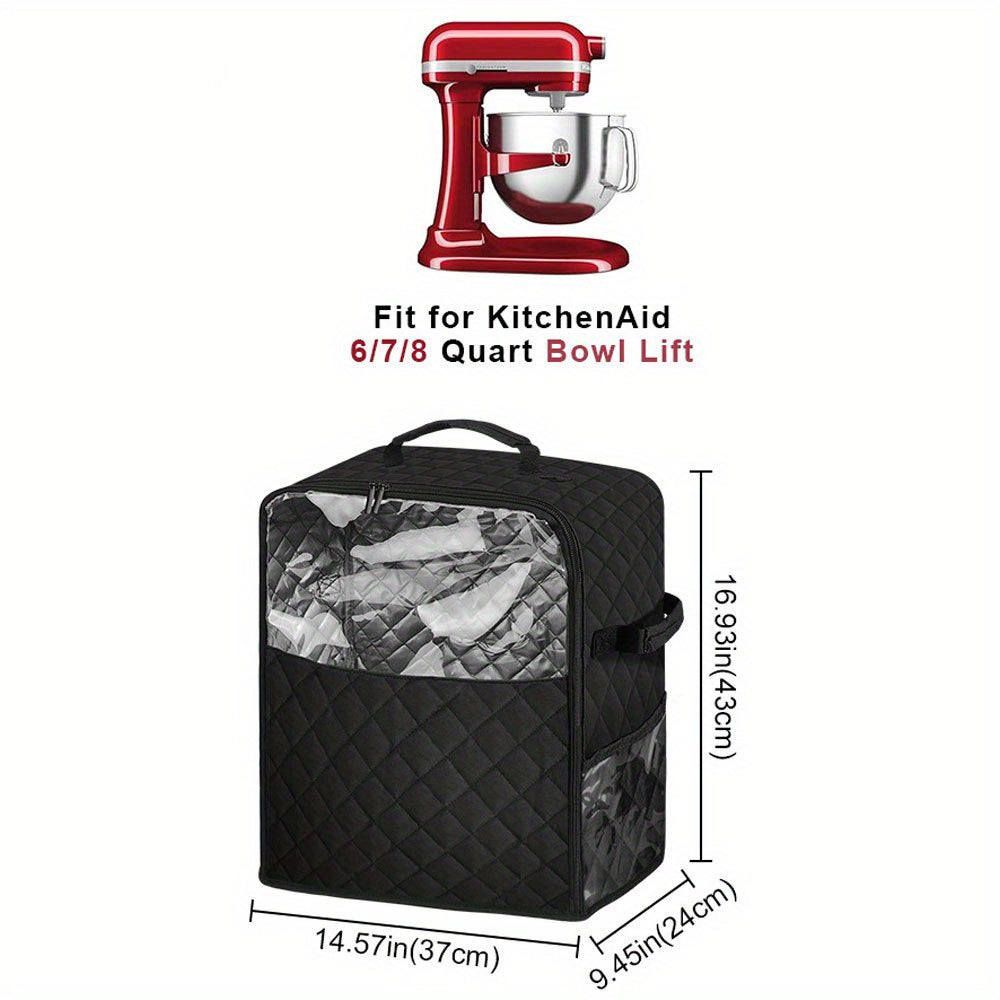 Elegant kitchen appliance brand Stand Mixer Dust Cover featuring a sleek design and slider base. Made with quilted nylon material, this storage bag is suitable for 4.5/5/6/8 Quart models. Includes pockets for accessories, appliance sliders, and