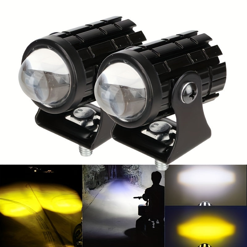 Dual-color LED mini driving lights for motorcycles and trucks, 500-800 lumens, hardwired and fits most models.