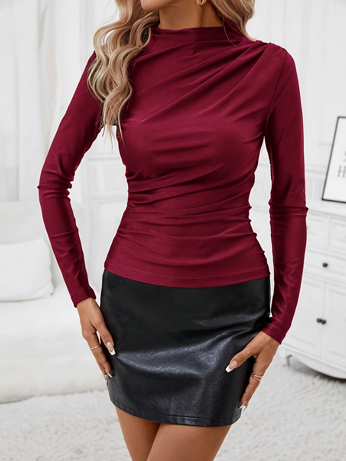 Chic brown polyester blouse with high-neck, long sleeves, and shoulder ruching. Slim fit with medium stretch, suitable for all seasons and events.