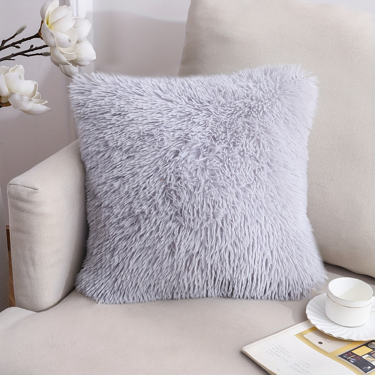 Luxurious 40.64x40.64 cm Fluffy Throw Pillow Cover with Zip Closure - Soft, Fuzzy Square Case for Sofa & Bedroom Decor, Hand Wash Only, Modern Home Decor. Pillow insert not included.