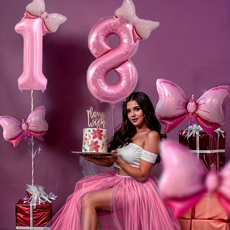 81.28 cm Pink Number Balloon with Bow - Ideal for girls' birthday decor - No electricity needed - Made of aluminum