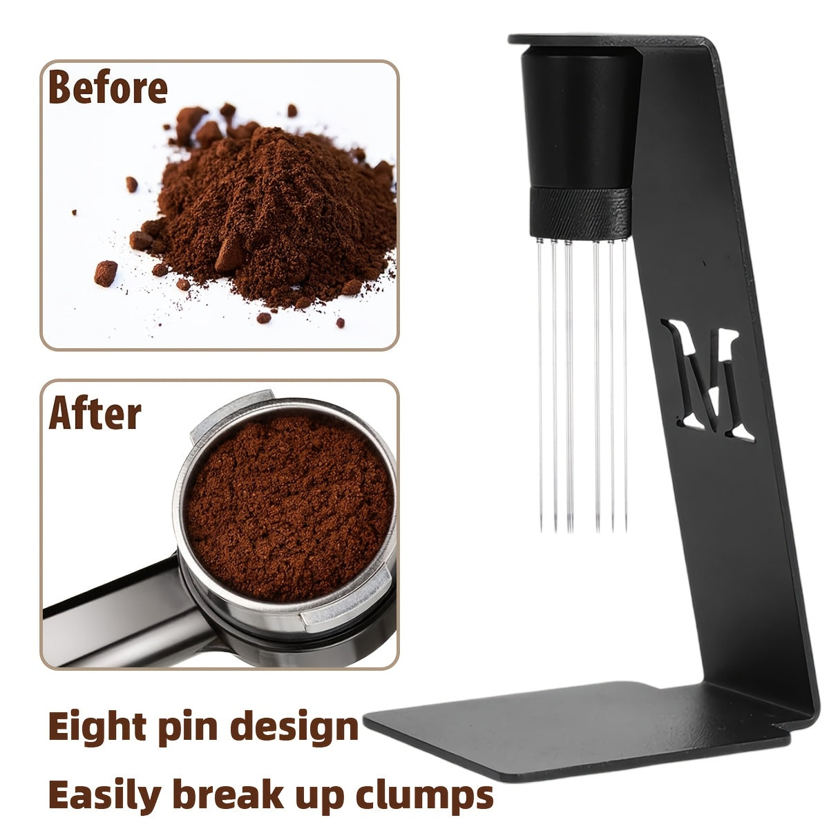 This espresso distribution tool comes with a metal stand and is made of stainless steel with a 0.4mm 8-pin coffee stirring needle. It has an adjustable range and is constructed from aluminum iron. It is safe for food contact, requires no electricity, and