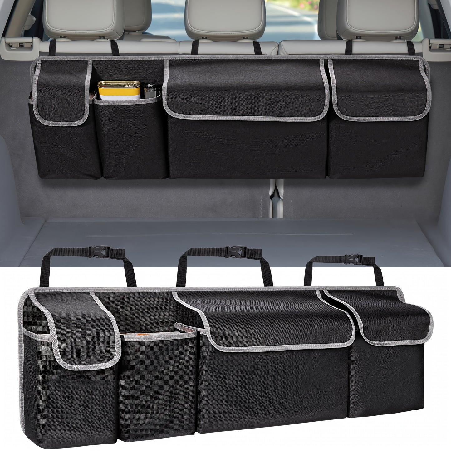 Car seat back organizer with large capacity, multiple pockets, polyester fiber material, vehicle storage solution.