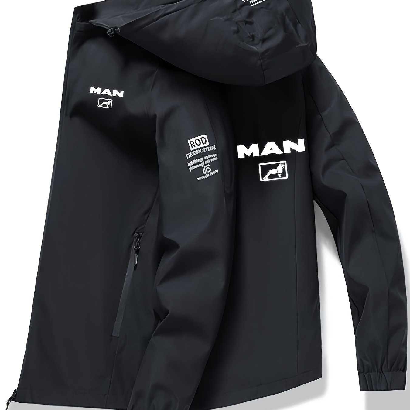 Navy blue men's outdoor jacket with "for Man" print, detachable hood, zippered pockets, made of high-quality polyester. Suitable for spring and autumn, ideal for casual outdoor wear.