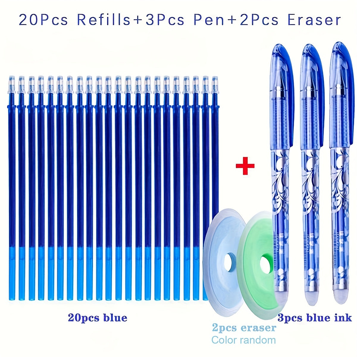 Erasable ballpoint pen set with 3 pens, 20 refills, and 2 erasers. Plastic 0.5mm micro point pens with click-off cap, suitable for ages 3+