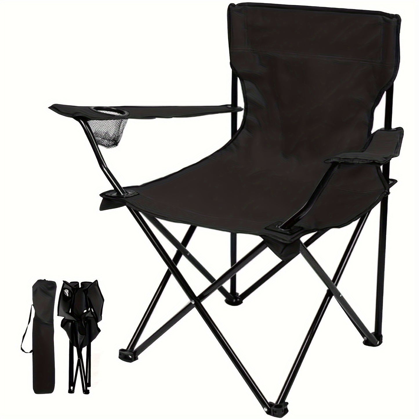 Portable picnic camping chair with carrying bag, water cup holder, and foldable design.