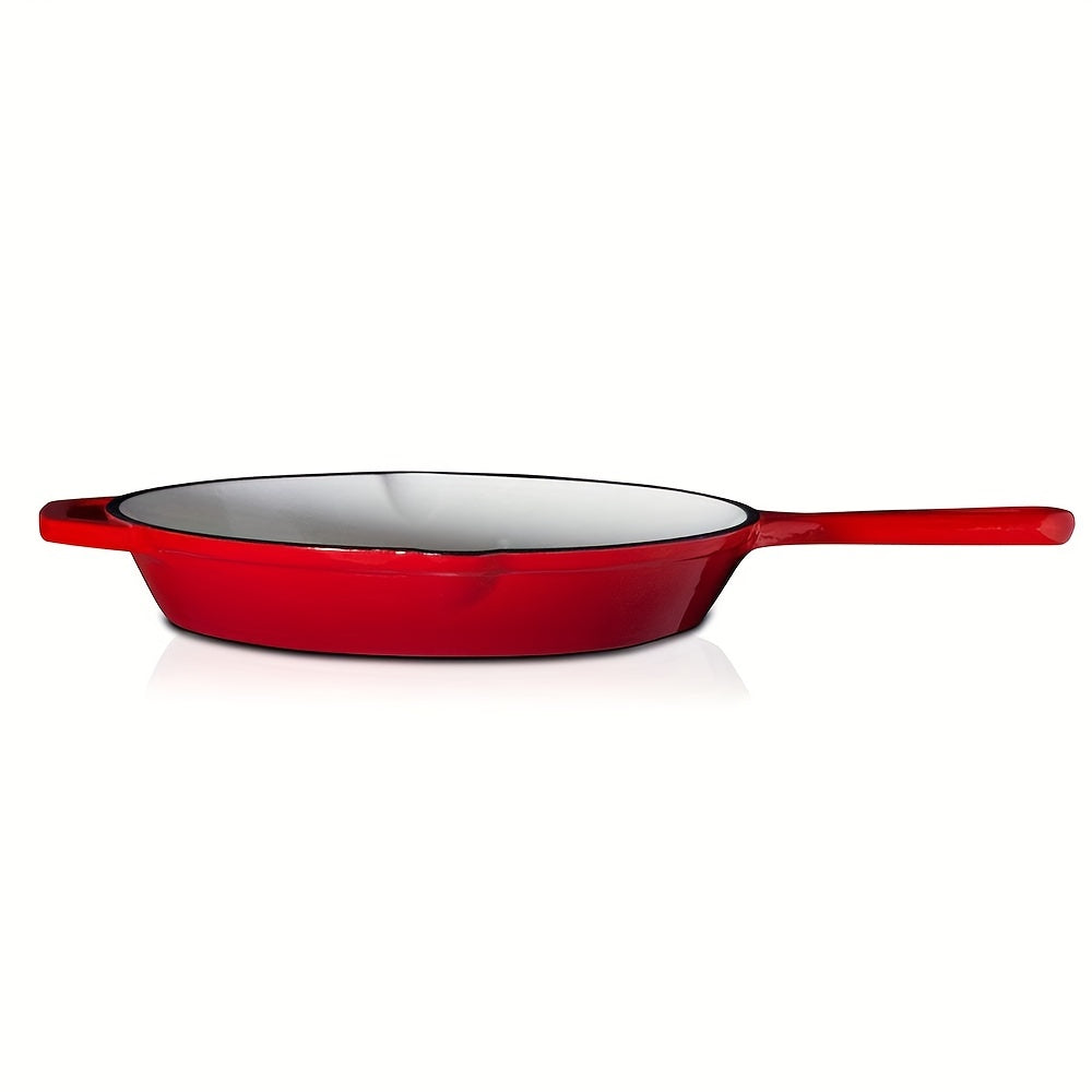 25cm Enamelled Cast Iron Non-Stick Frying Pan with Handles, Durable Kitchen Utensil for All Hobs including Induction and Oven | Dishwasher Safe - Red