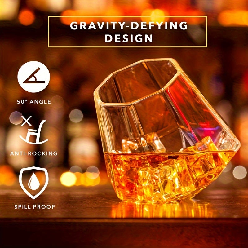 Gravity-defying whiskey glass designed for stability and durability, ideal for bars, hotels, and home.