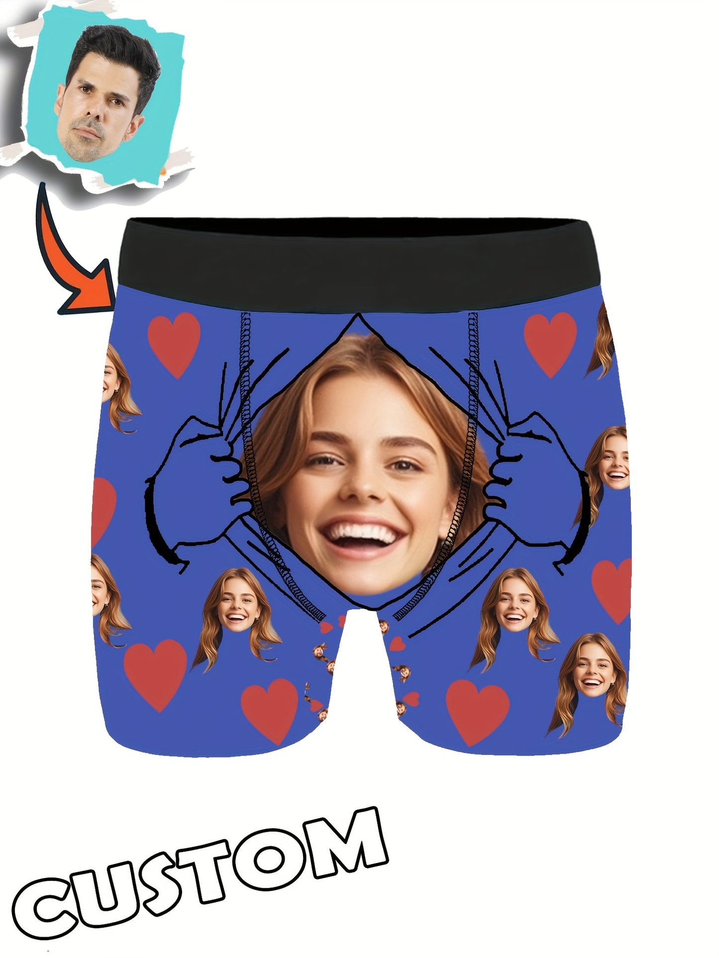 Custom shortie polyester boxers with medium stretch, portrait pattern design, and personalized photo, suitable for Dad, Husband, or Boyfriend. Funny and unique gift option.