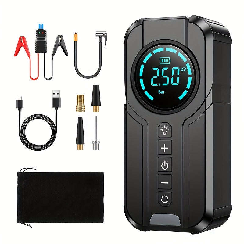 8000mAh emergency car jump starter with digital display, USB-C charging, air compressor, safety protections, fast inflation, rechargeable battery for tire inflation and lighting.